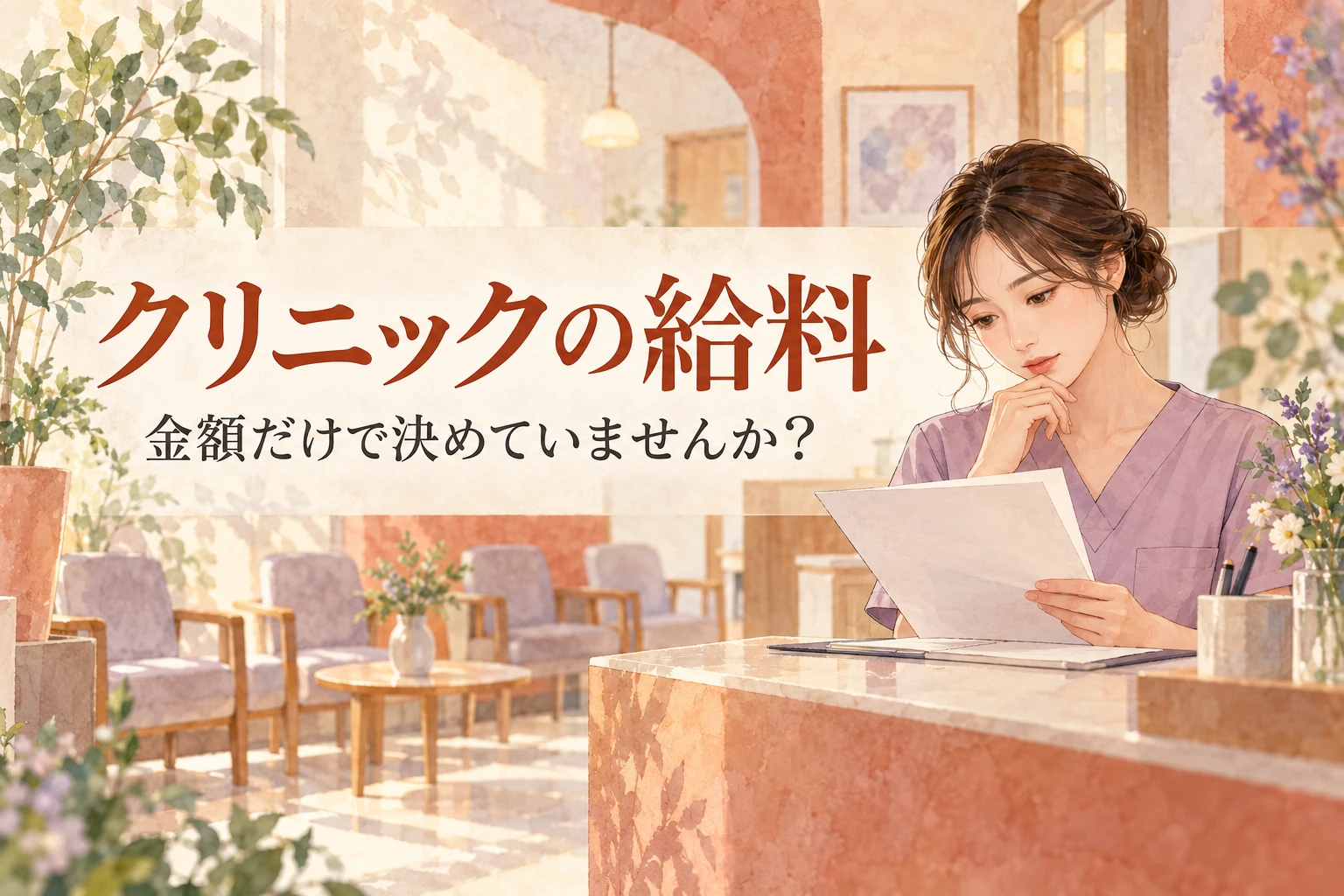クリニック 看護師 給料の記事画像。外来受付で書類を確かめる看護職と「クリニックの給料」の文字を描いたイラスト
