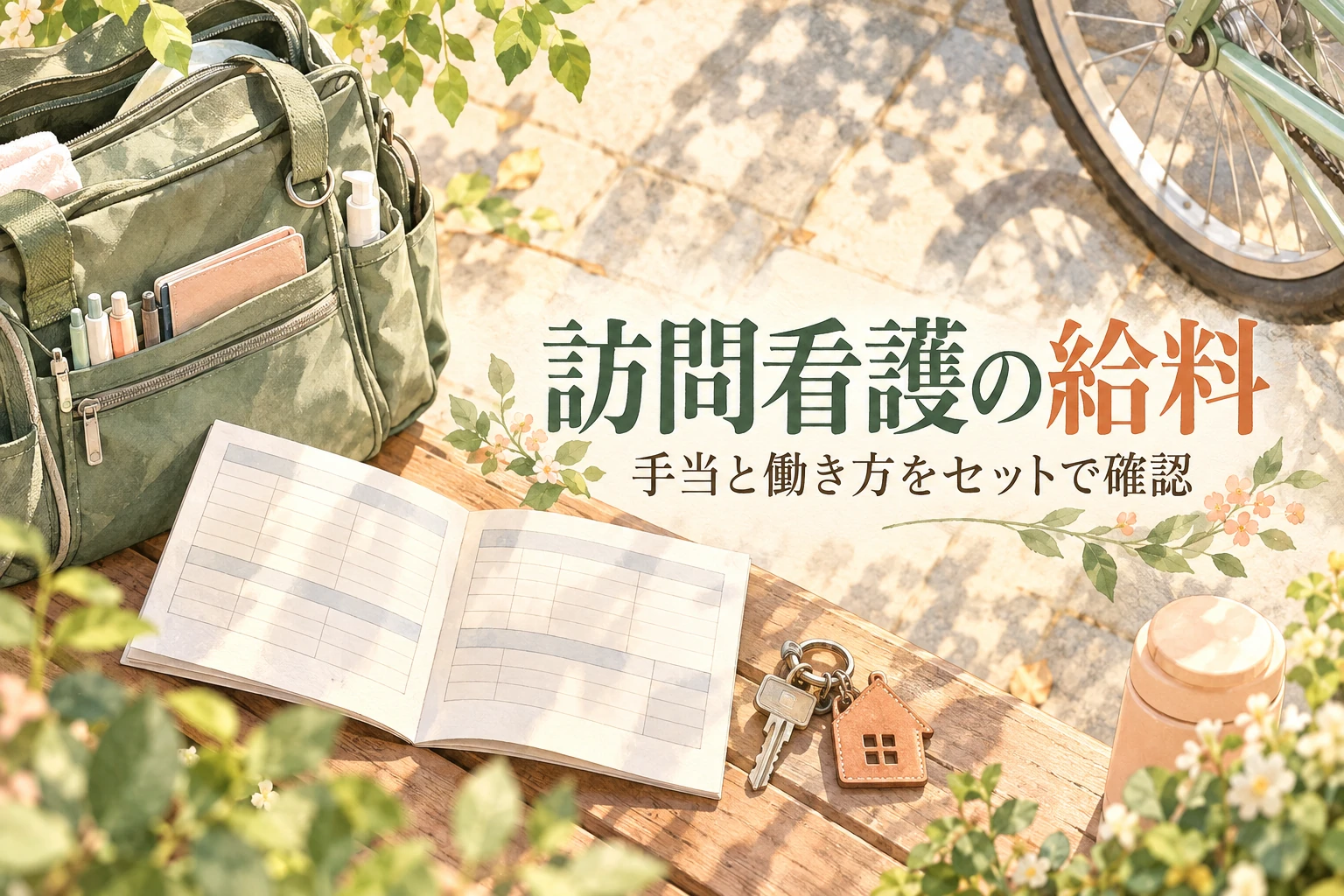 訪問看護 給料の記事画像。訪問バッグ、鍵、給与明細と「訪問看護の給料」の文字を描いたイラスト