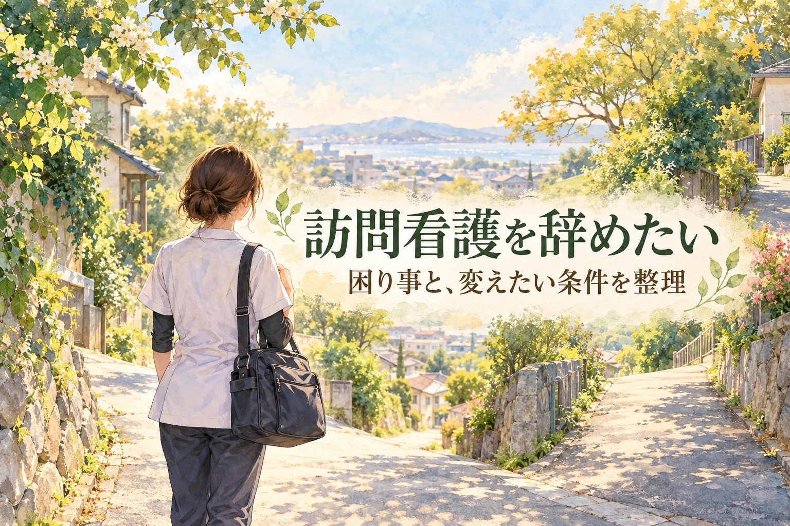 訪問看護 辞めたいの記事画像。住宅街の分かれ道で立ち止まる看護職と「訪問看護を辞めたい」の文字を描いたイラスト
