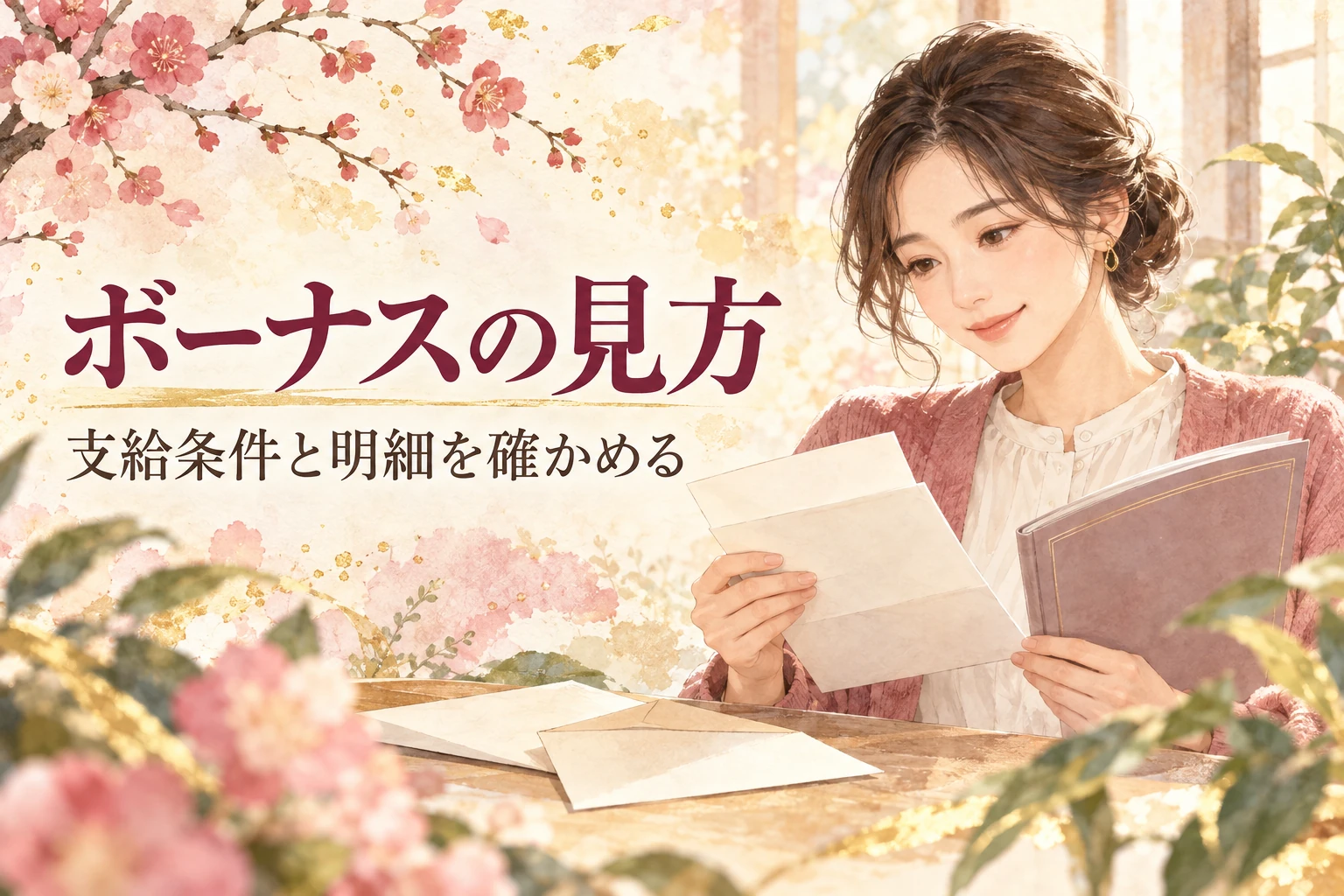 看護師 ボーナスの記事画像。賞与明細の封筒と就業規則の冊子と「ボーナスの見方」の文字を描いたイラスト