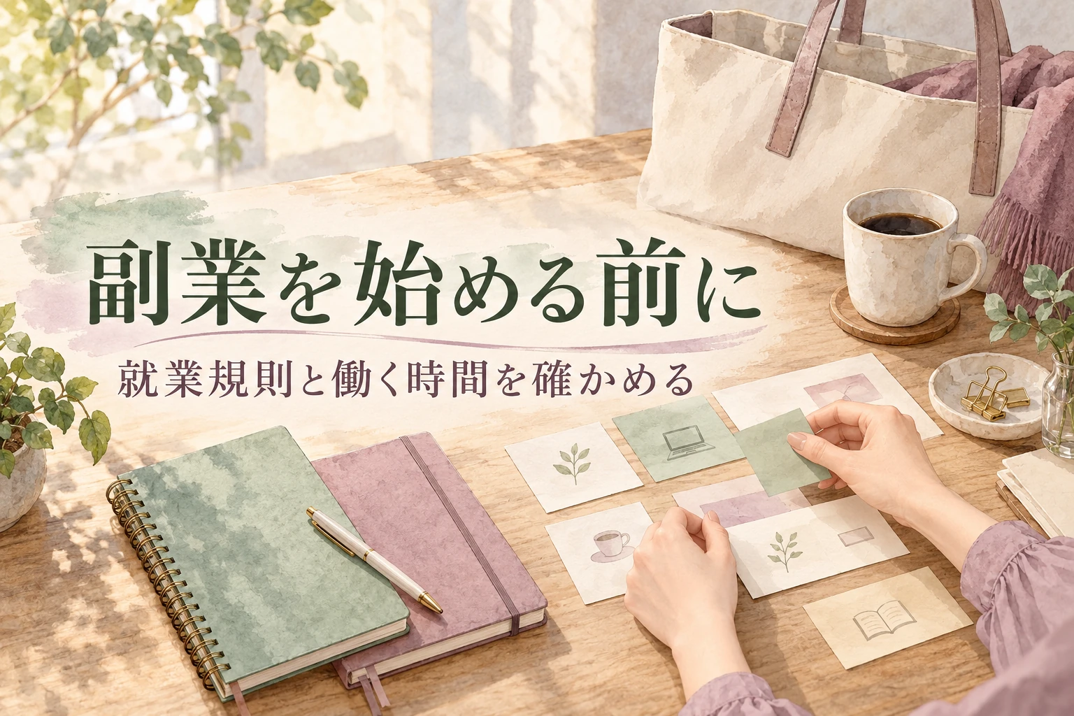 看護師 副業の記事画像。本業と副業の予定を整理する手帳と「副業を始める前に」の文字を描いたイラスト