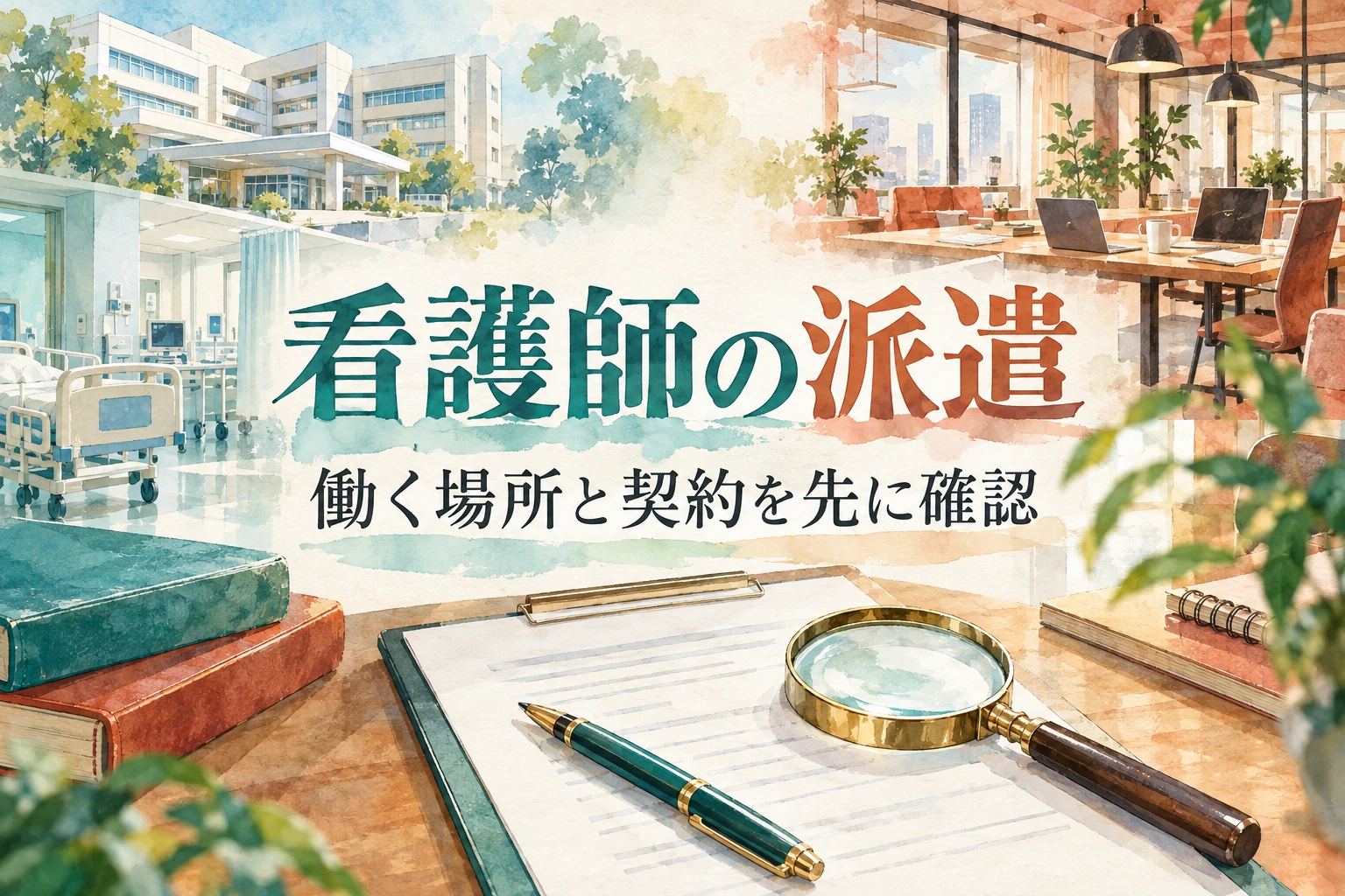 看護師 派遣の記事画像。病院と別の職場、契約書を並べた図と「看護師の派遣」の文字を描いたイラスト