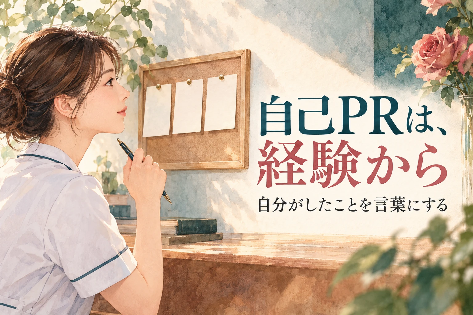 看護師 自己PRの記事画像。経験のメモを見ながら考える看護職と「自己PRは、経験から」の文字を描いたイラスト