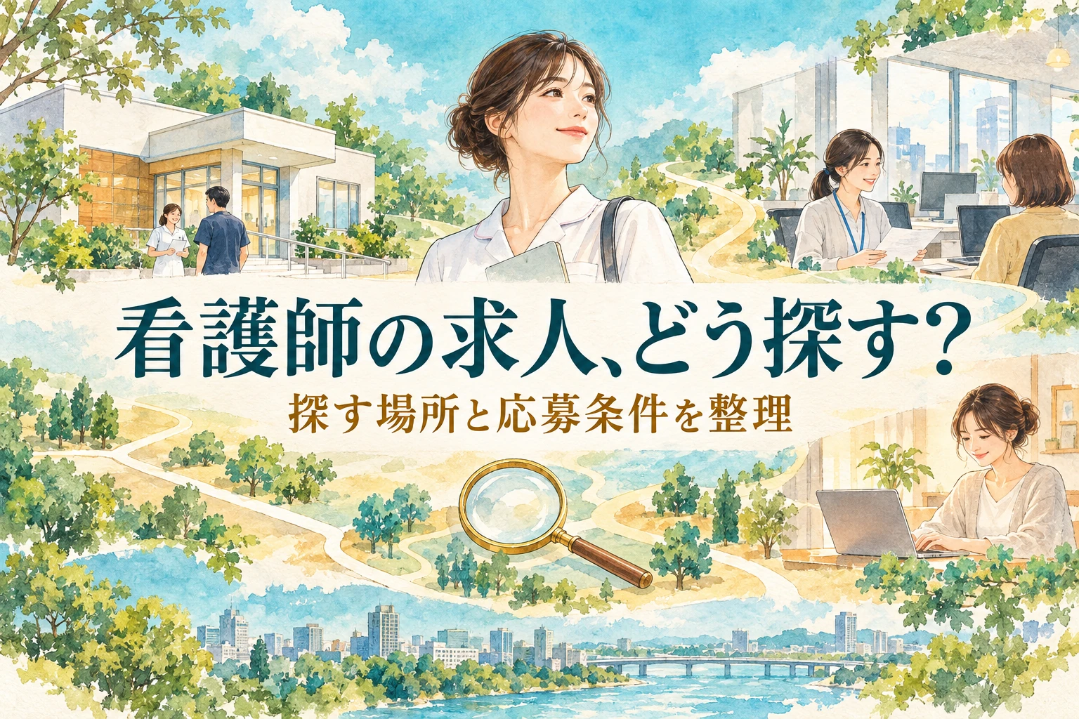 看護師 求人の記事画像。病院、企業、住宅をつなぐ求人探しの地図と「看護師の求人、どう探す？」の文字を描いたイラスト