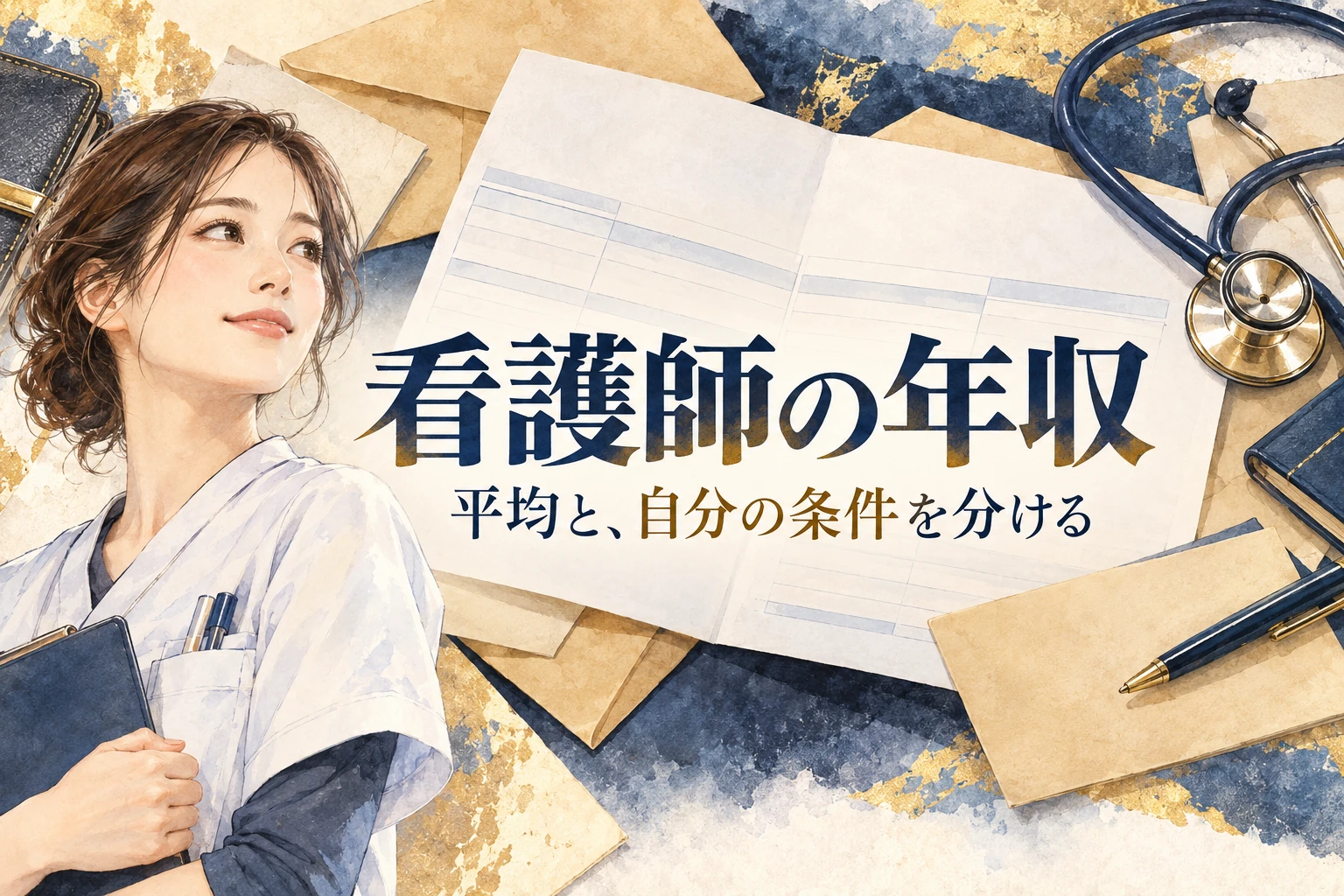 看護師 年収の記事画像。給与明細、封筒、聴診器と「看護師の年収」の文字を描いたイラスト