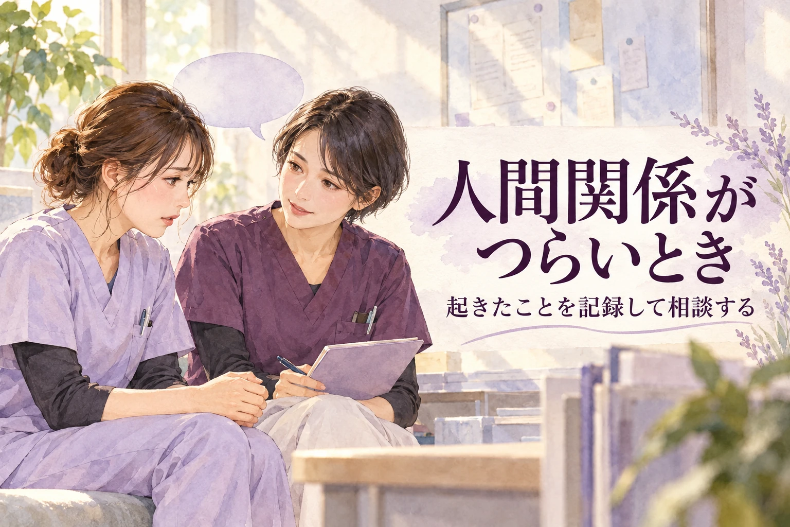 看護師 人間関係の記事画像。静かな場所で悩みを相談する看護職と「人間関係がつらいとき」の文字を描いたイラスト