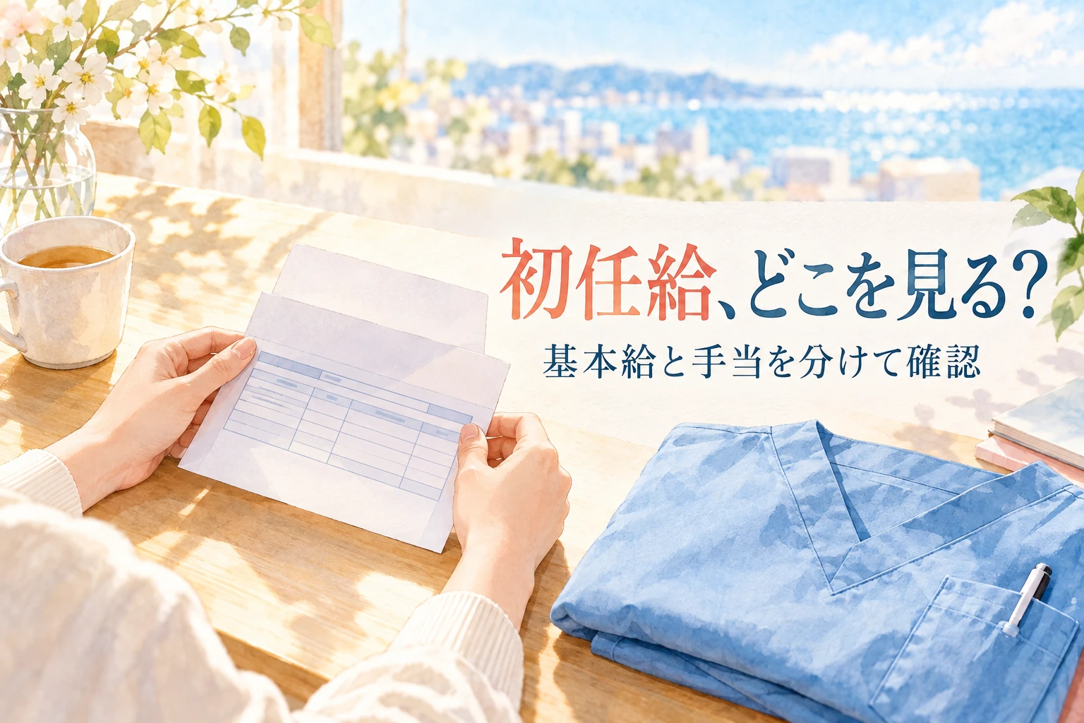 看護師 初任給の記事画像。初任給の明細を開く手と畳んだ制服と「初任給、どこを見る？」の文字を描いたイラスト