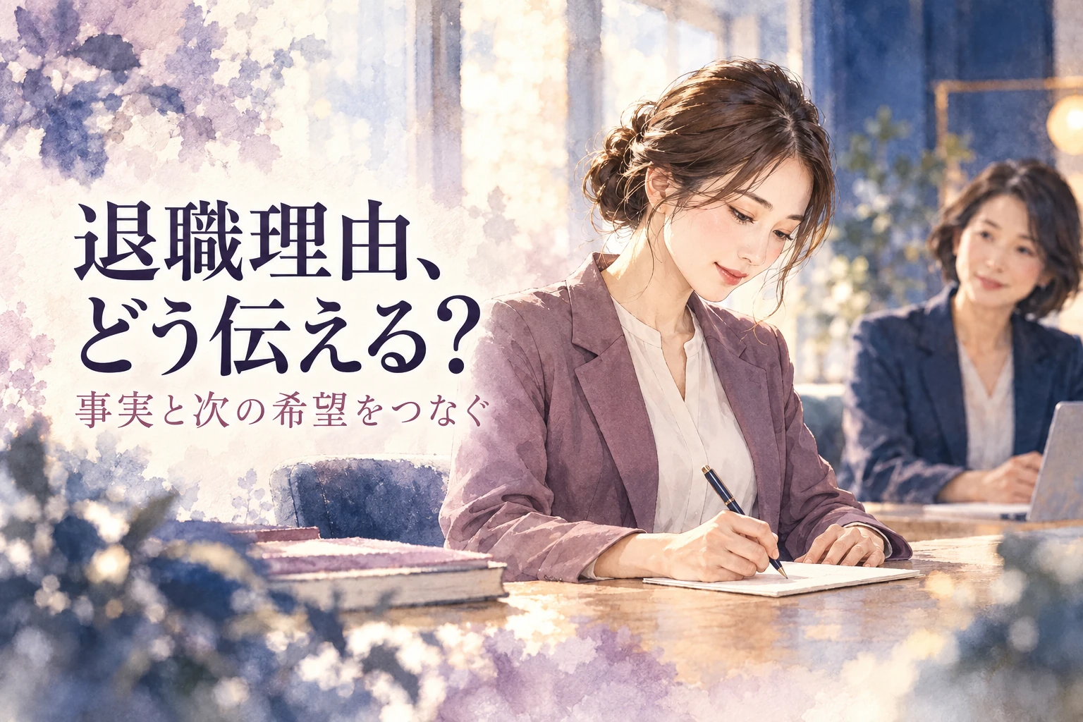 看護師 退職理由の記事画像。相談前に退職理由のメモを書く女性と「退職理由、どう伝える？」の文字を描いたイラスト