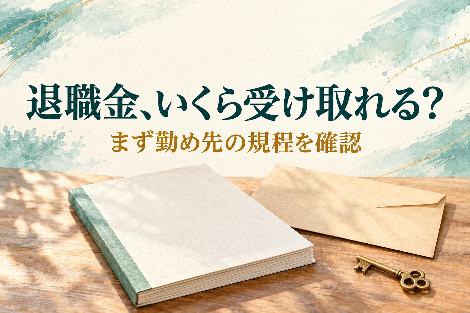 看護師 退職金の記事画像。退職金の規程を確かめる冊子と封筒と「退職金、いくら受け取れる？」の文字を描いたイラスト
