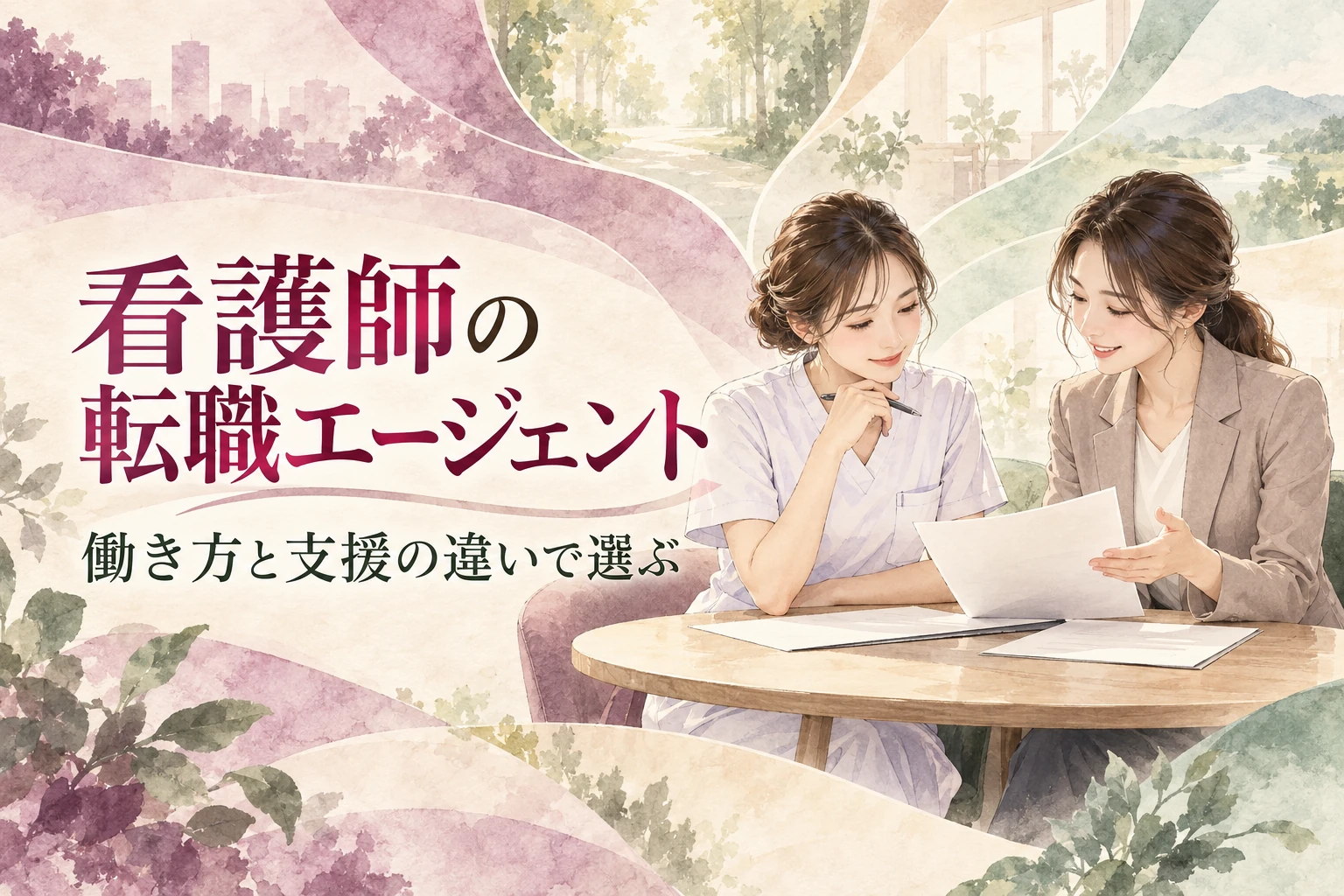 看護師 転職 エージェントの記事画像。看護職と相談員が条件の書類を見比べる場面と「看護師の転職エージェント」の文字を描いたイラスト