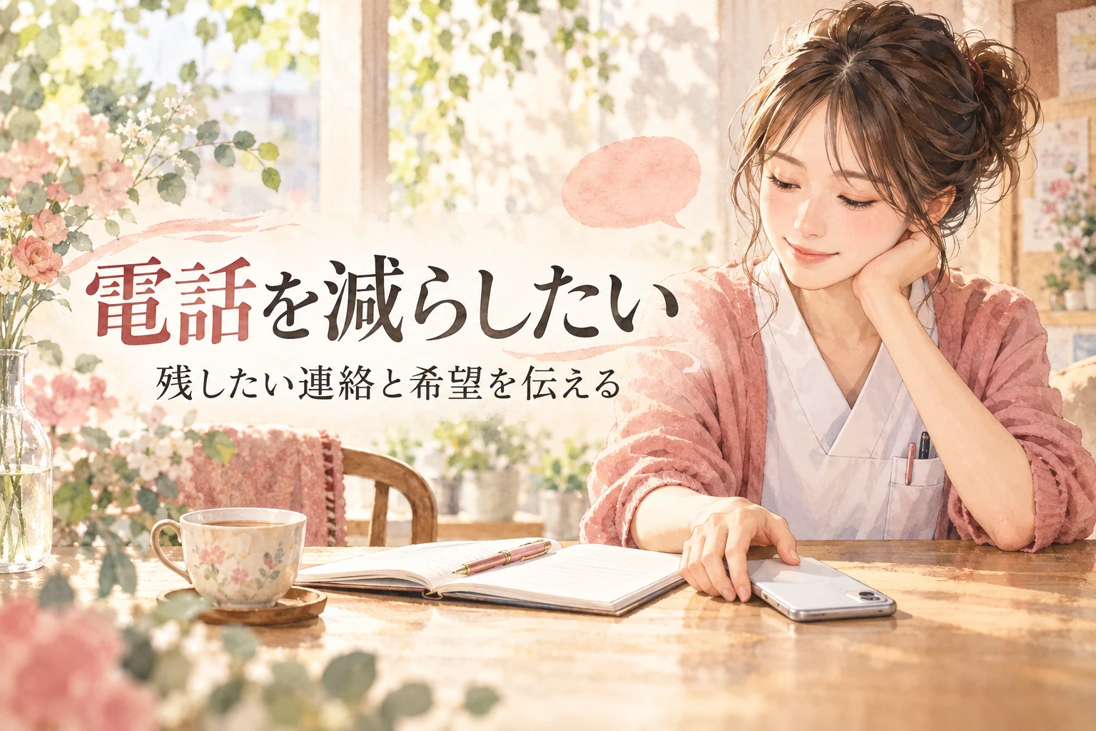 看護師 転職サイト 電話 しつこいの記事画像。電話を伏せる手と連絡メモと「電話を減らしたい」の文字を描いたイラスト