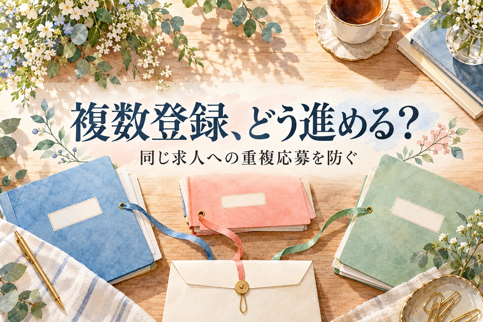看護師 転職サイト 複数登録の記事画像。色違いの応募ファイルと封筒と「複数登録、どう進める?」の文字を描いたイラスト