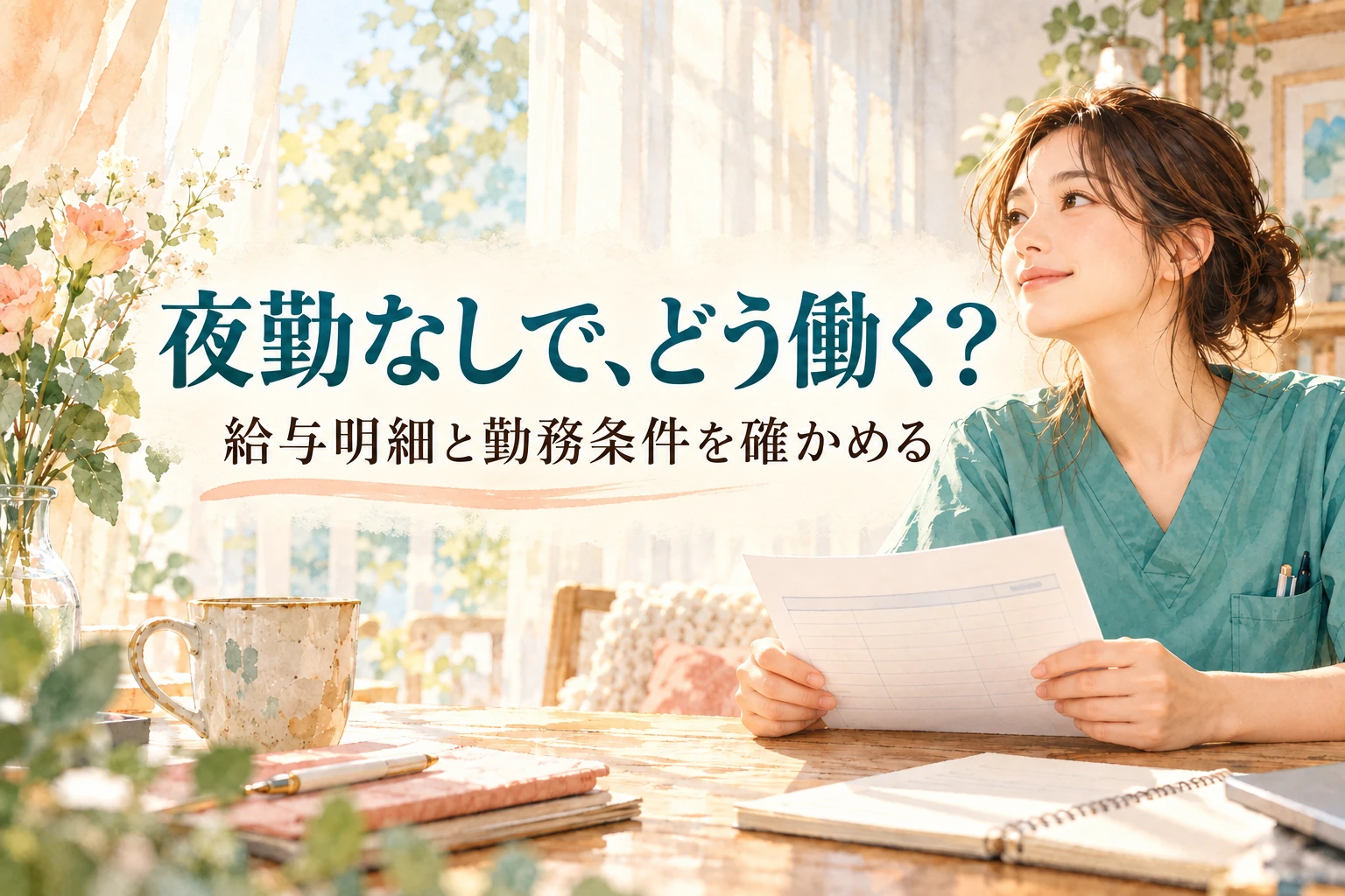 看護師 夜勤なし 年収の記事画像。朝の窓辺の看護職と給与明細と「夜勤なしで、どう働く？」の文字を描いたイラスト