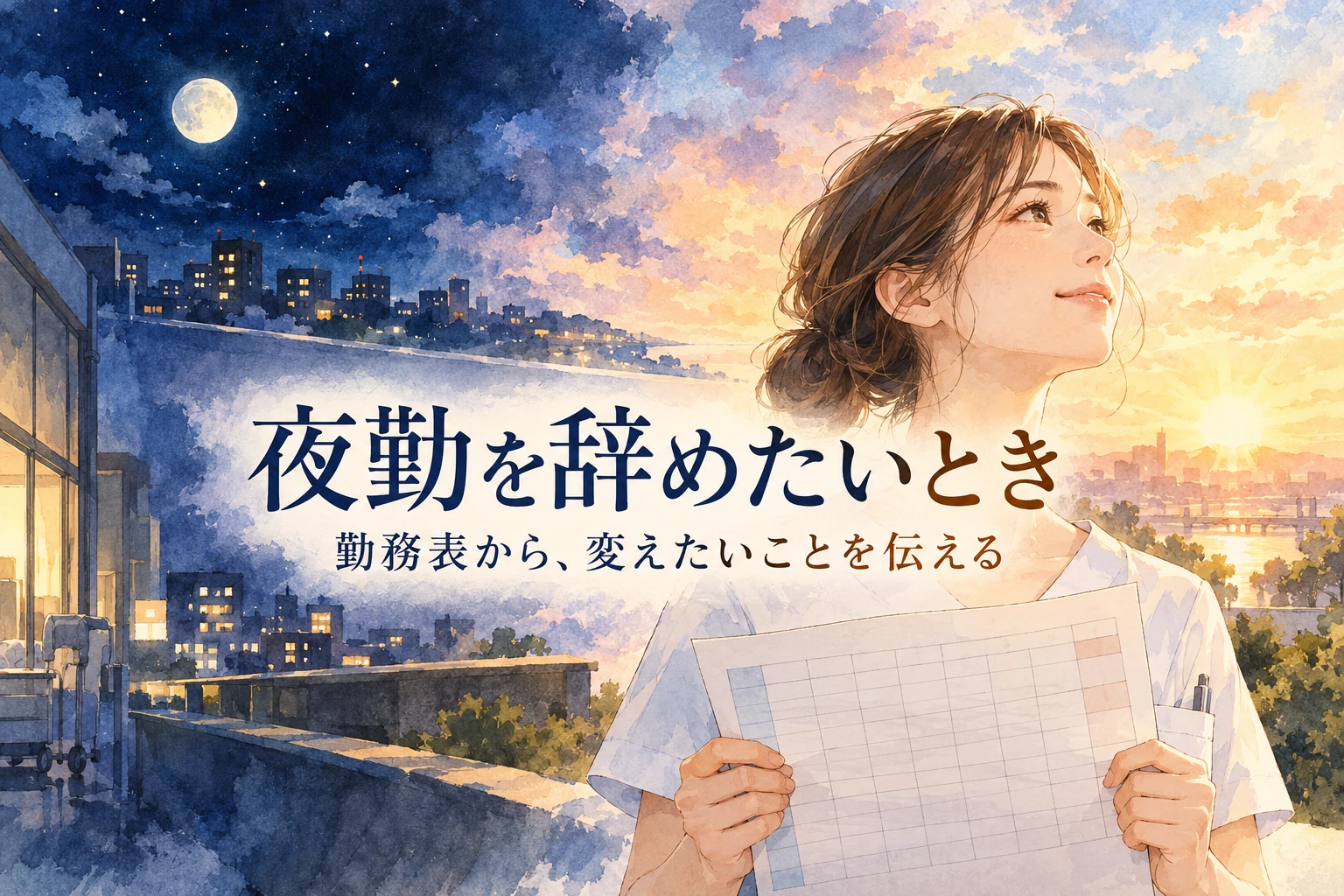看護師 夜勤 辞めたいの記事画像。勤務表を持つ看護職と夜から朝への風景と「夜勤を辞めたいとき」の文字を描いたイラスト