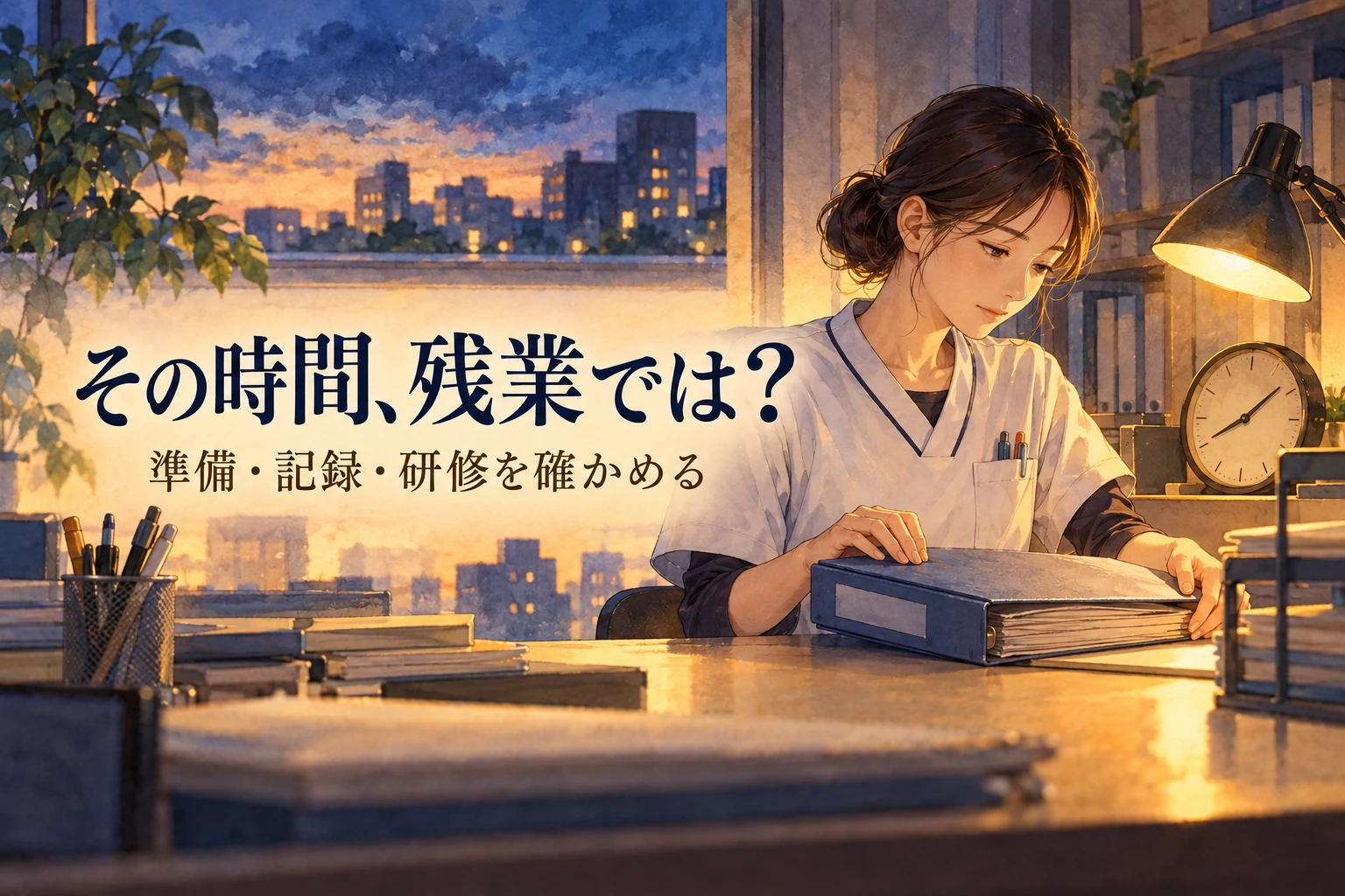 看護師 残業の記事画像。夕方の記録用紙、デスクライト、文字盤に数字のない時計と「その時間、残業では？」の文字を描いたイラスト