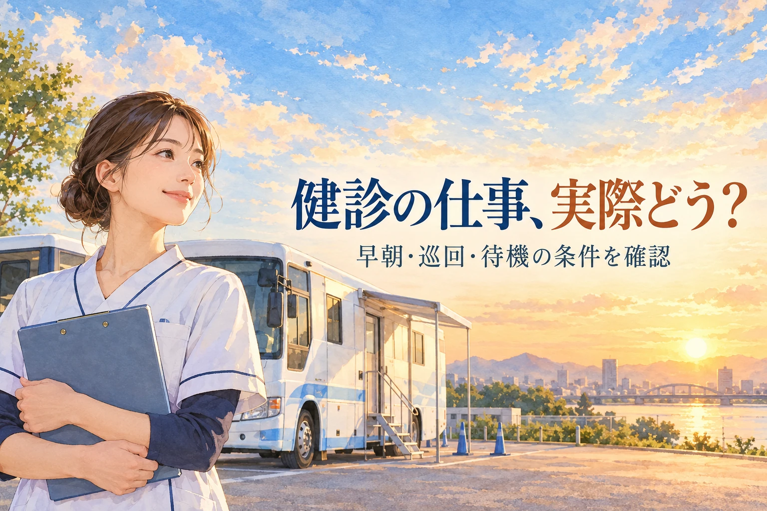 健診センター 看護師 きついの記事画像。早朝の健診車と書類を持つ看護職と「健診の仕事、実際どう？」の文字を描いたイラスト