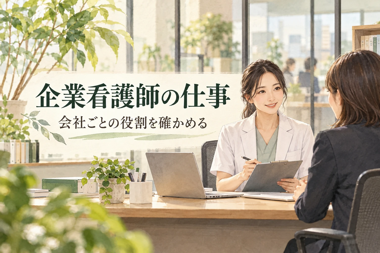 企業看護師 仕事内容の記事画像。企業の健康相談室で話す看護職と従業員と「企業看護師の仕事」の文字を描いたイラスト