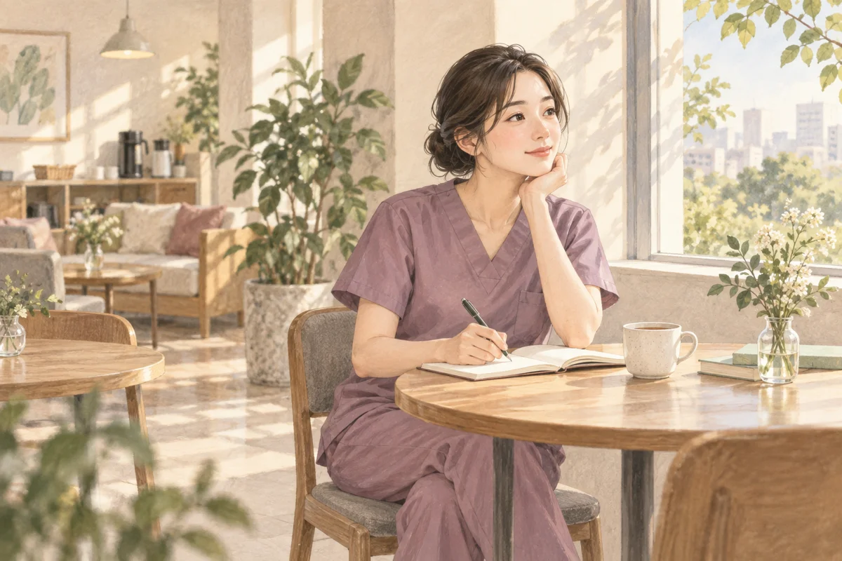 明るい休憩室で手帖を開き、これからの働き方を考える看護師