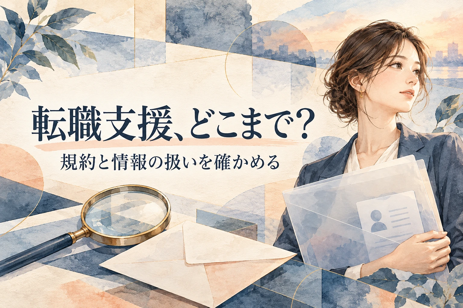 ナース専科 転職 評判の記事画像。個人情報のカード、封筒、規約の書類と「転職支援、どこまで？」の文字を描いたイラスト