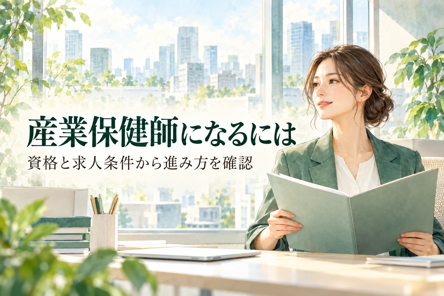 産業保健師 なるにはの記事画像。オフィスで資格書類を確認する女性と「産業保健師になるには」の文字を描いたイラスト